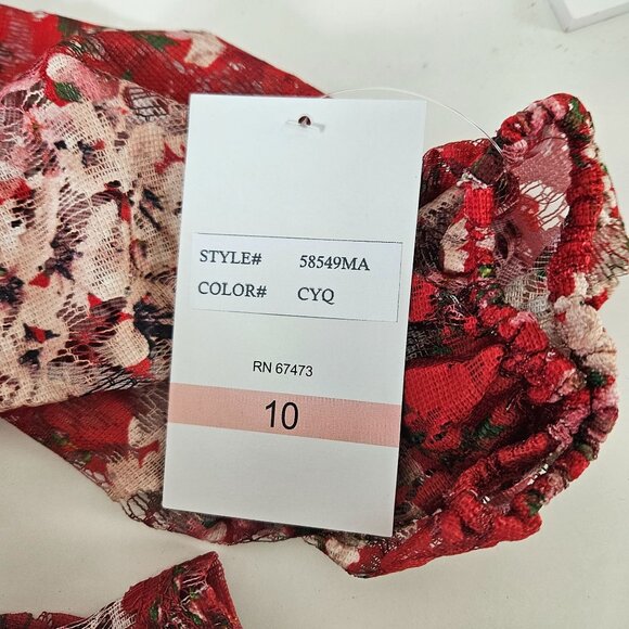 Maison Tara Womens Size 10 Red Floral Long Sheer Sleeve Tiered Ruffle Mini Dress - Picture 11 of 12